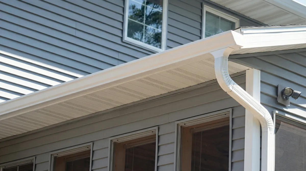 Professional home remodeling project showing newly installed white seamless gutters and downspouts on a house with gray siding in Madison, WI