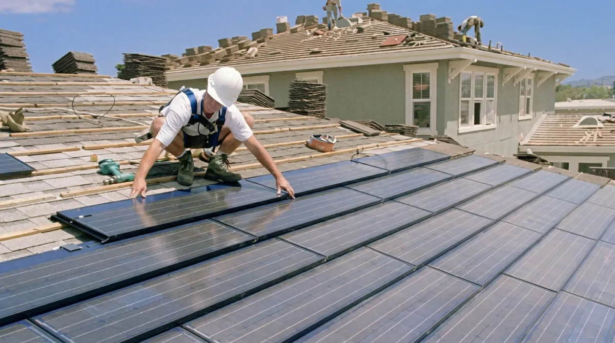 Roof replacement expert installing modern solar shingles on a residential home in Madison, WI