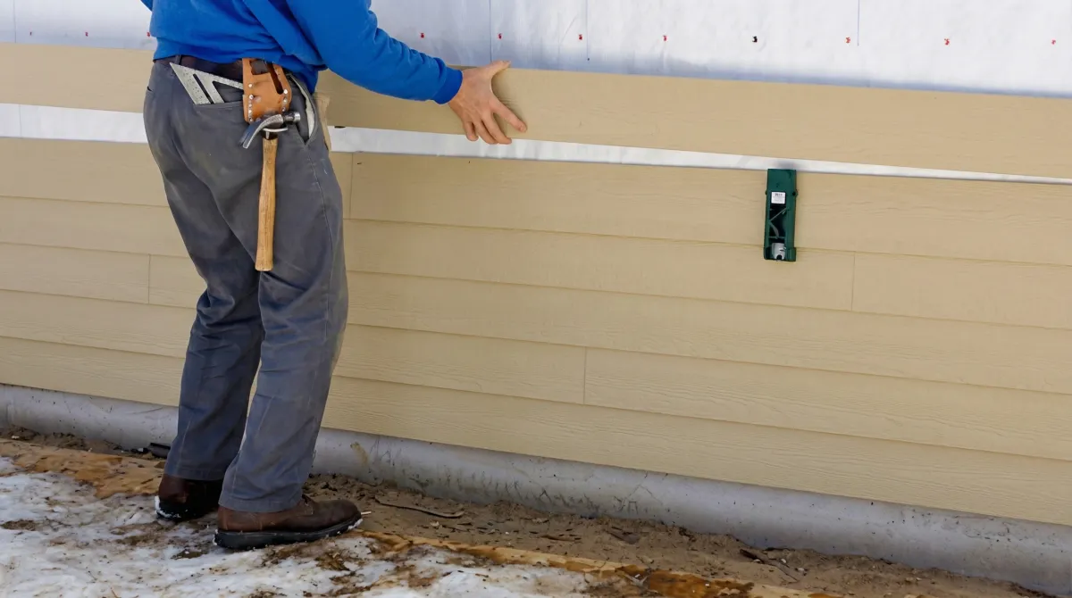 Siding replacement expert carefully aligning a new tan siding panel onto a residential exterior wall in Madison, WI
