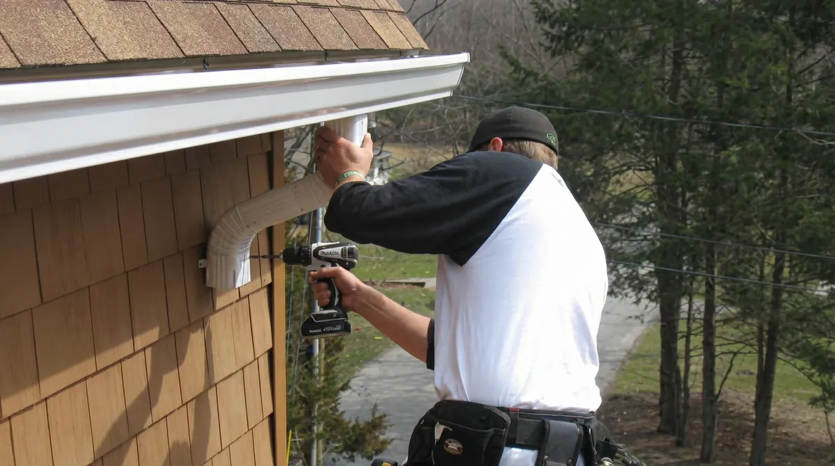Professional contractor installing tan vinyl siding panels on a residential home exterior in Madison, WI
