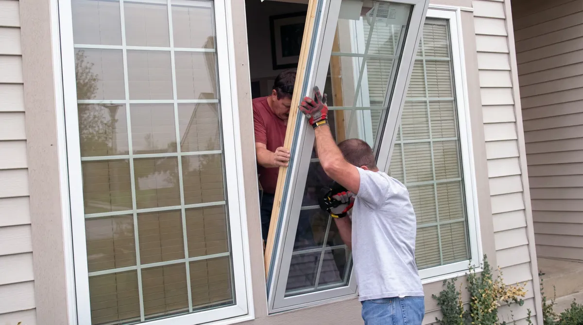 Professional home remodeling team installing a large replacement window on a house with tan siding in Madison, WI